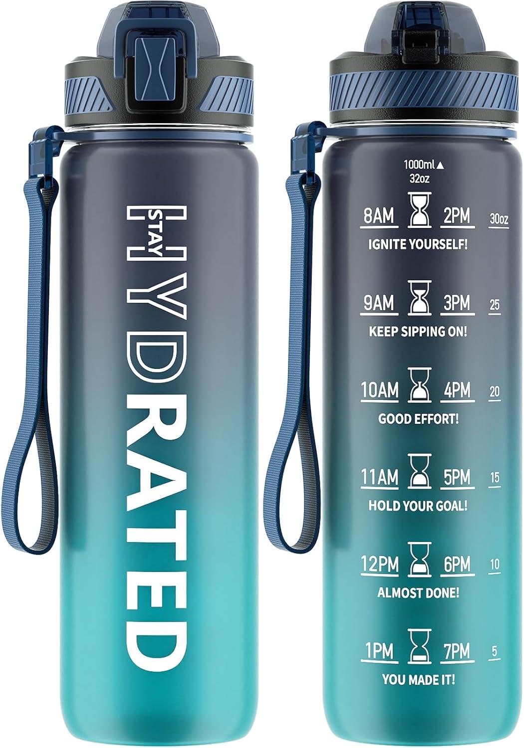 image:imageGourde 1L Gourde Sport avec Paille et Gradue 1 Litre tanche Bouteille dEau avec Brosse Gourdes Motivation sans BPA pour Fitness Bureau lcole YogaBleu Fonc