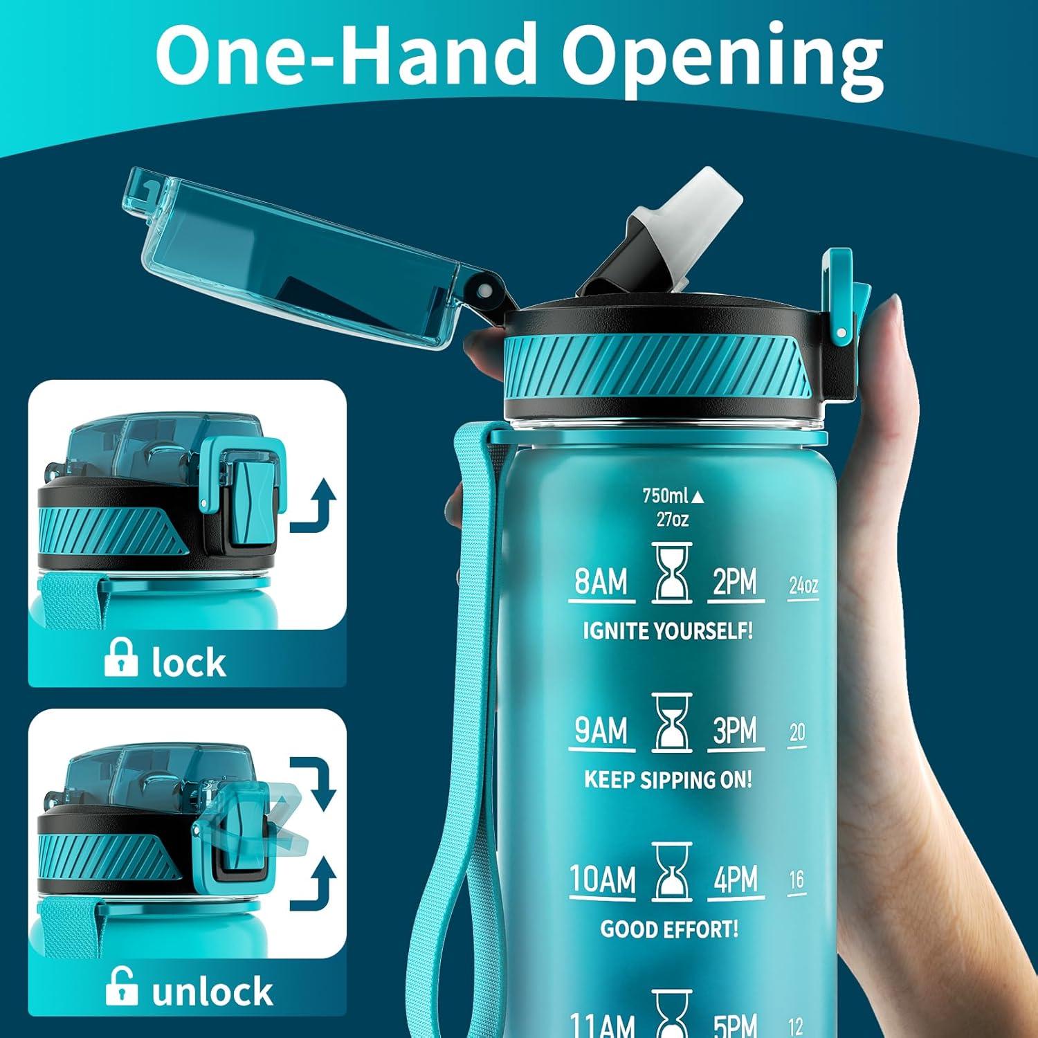 image:imageGourde 1L Gourde Sport avec Paille et Gradue 1 Litre tanche Bouteille dEau avec Brosse Gourdes Motivation sans BPA pour Fitness Bureau lcole YogaBleu Fonc