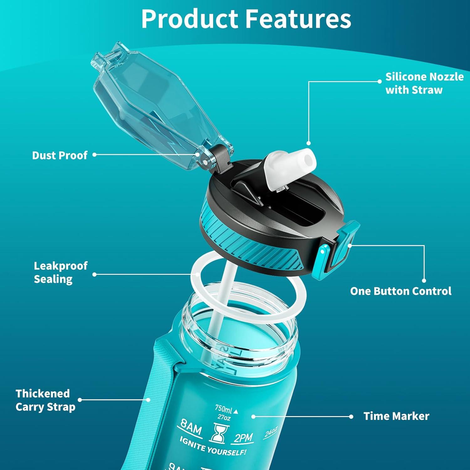image:imageGourde 1L Gourde Sport avec Paille et Gradue 1 Litre tanche Bouteille dEau avec Brosse Gourdes Motivation sans BPA pour Fitness Bureau lcole YogaBleu Fonc
