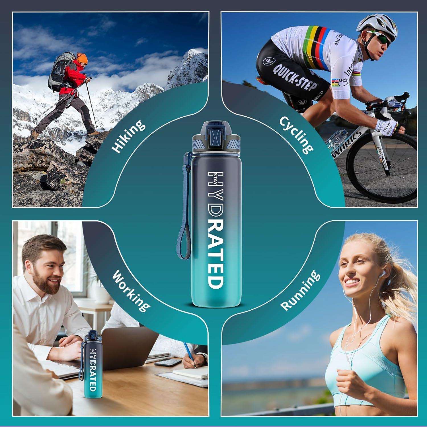 image:imageGourde 1L Gourde Sport avec Paille et Gradue 1 Litre tanche Bouteille dEau avec Brosse Gourdes Motivation sans BPA pour Fitness Bureau lcole YogaBleu Fonc