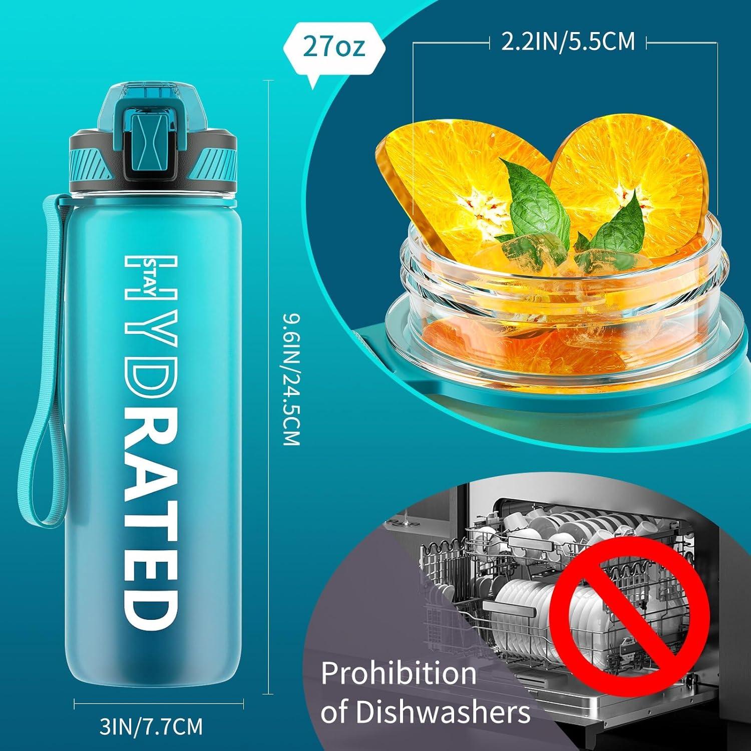 image:imageGourde 1L Gourde Sport avec Paille et Gradue 1 Litre tanche Bouteille dEau avec Brosse Gourdes Motivation sans BPA pour Fitness Bureau lcole YogaBleu Fonc