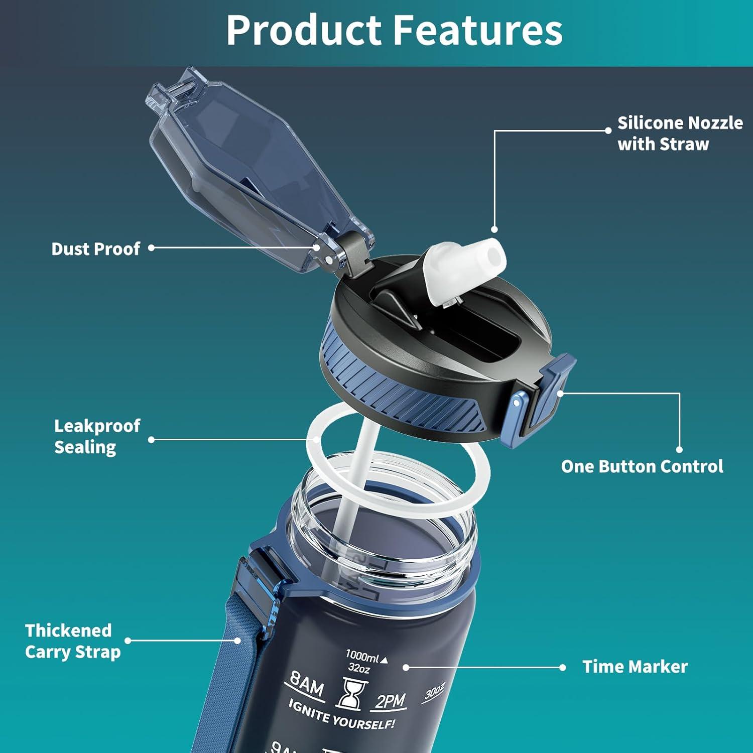 image:imageGourde 1L Gourde Sport avec Paille et Gradue 1 Litre tanche Bouteille dEau avec Brosse Gourdes Motivation sans BPA pour Fitness Bureau lcole YogaBleu Fonc
