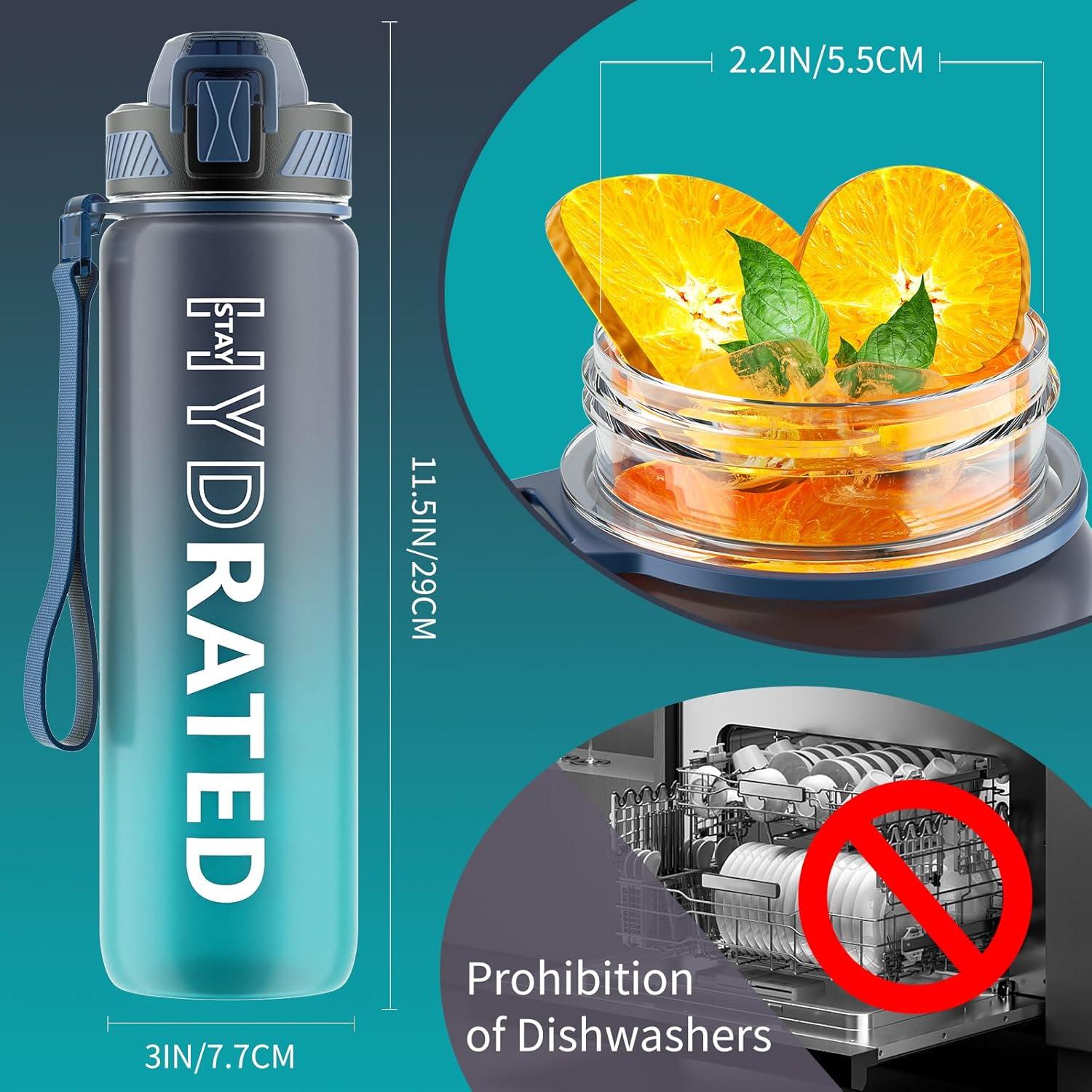 image:imageGourde 1L Gourde Sport avec Paille et Gradue 1 Litre tanche Bouteille dEau avec Brosse Gourdes Motivation sans BPA pour Fitness Bureau lcole YogaBleu Fonc