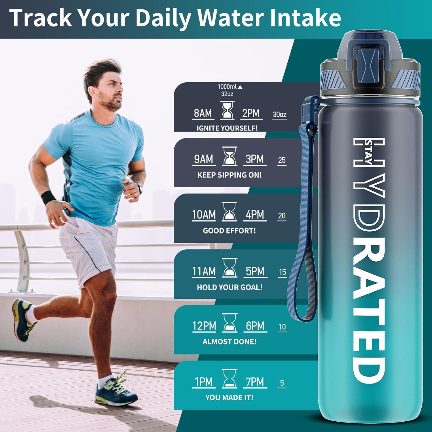 image:imageGourde 1L Gourde Sport avec Paille et Gradue 1 Litre tanche Bouteille dEau avec Brosse Gourdes Motivation sans BPA pour Fitness Bureau lcole YogaBleu Fonc