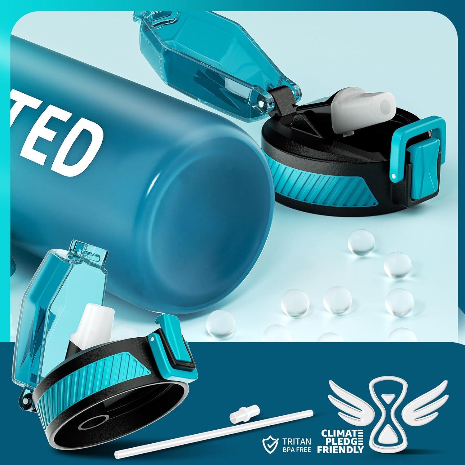 image:imageGourde 1L Gourde Sport avec Paille et Gradue 1 Litre tanche Bouteille dEau avec Brosse Gourdes Motivation sans BPA pour Fitness Bureau lcole YogaBleu Fonc