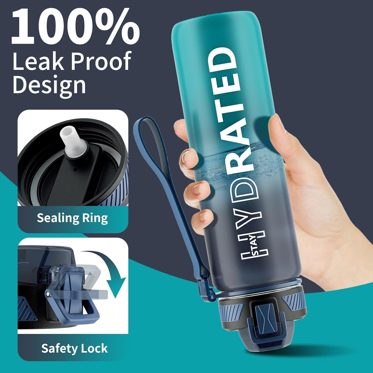image:imageGourde 1L Gourde Sport avec Paille et Gradue 1 Litre tanche Bouteille dEau avec Brosse Gourdes Motivation sans BPA pour Fitness Bureau lcole YogaBleu Fonc