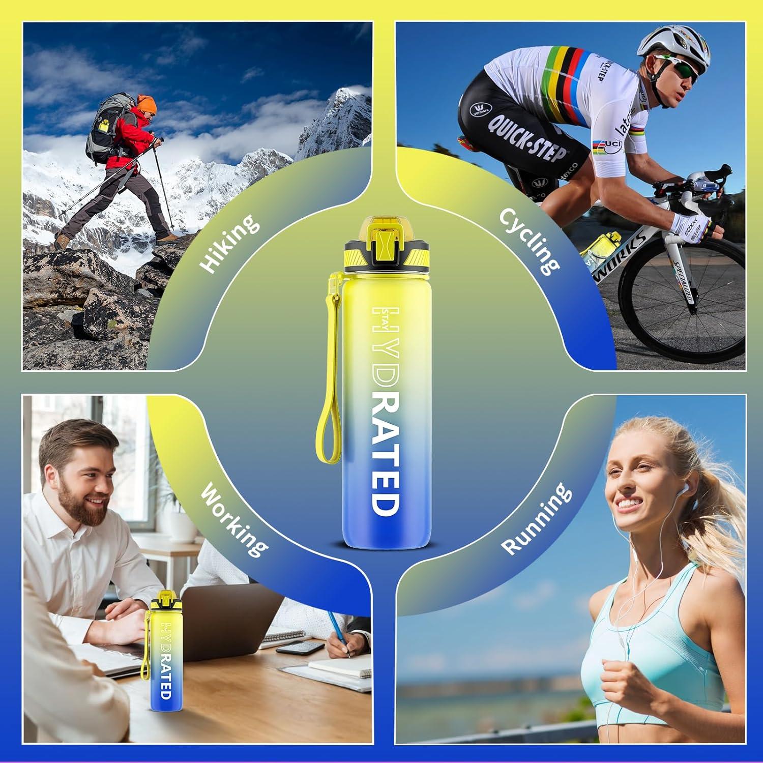 image:imageGourde 1L Gourde Sport avec Paille et Gradue 1 Litre tanche Bouteille dEau avec Brosse Gourdes Motivation sans BPA pour Fitness Bureau lcole YogaCiel toil