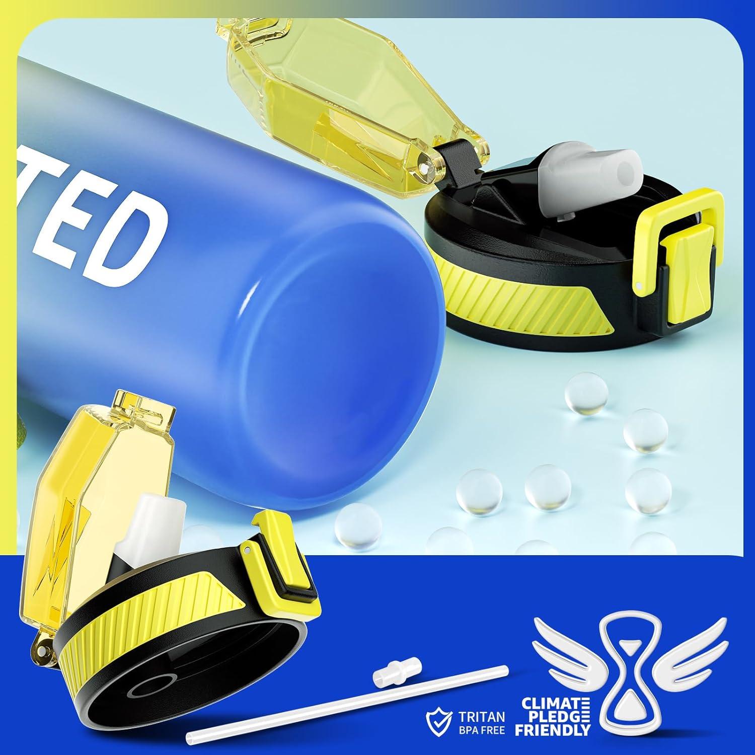 image:imageGourde 1L Gourde Sport avec Paille et Gradue 1 Litre tanche Bouteille dEau avec Brosse Gourdes Motivation sans BPA pour Fitness Bureau lcole YogaCiel toil
