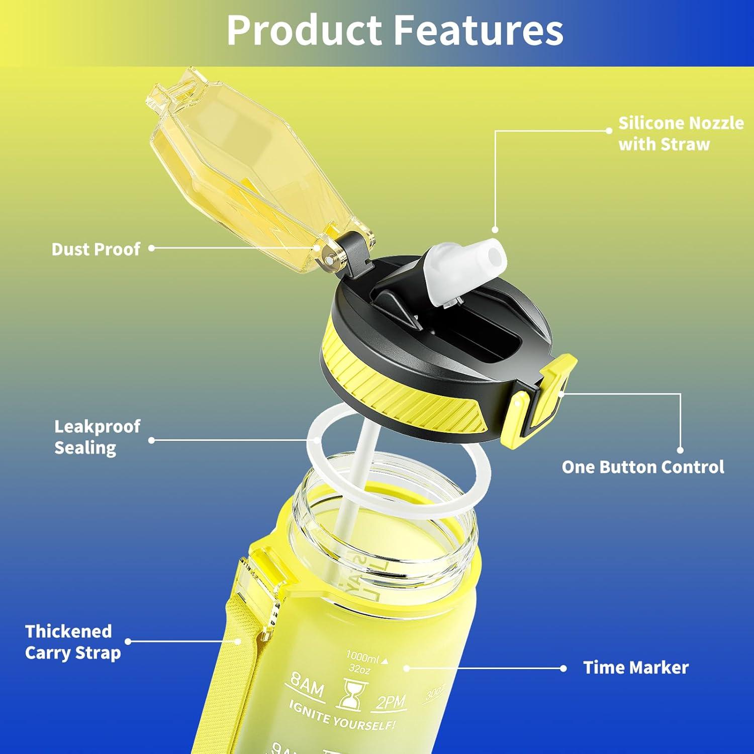 image:imageGourde 1L Gourde Sport avec Paille et Gradue 1 Litre tanche Bouteille dEau avec Brosse Gourdes Motivation sans BPA pour Fitness Bureau lcole YogaCiel toil