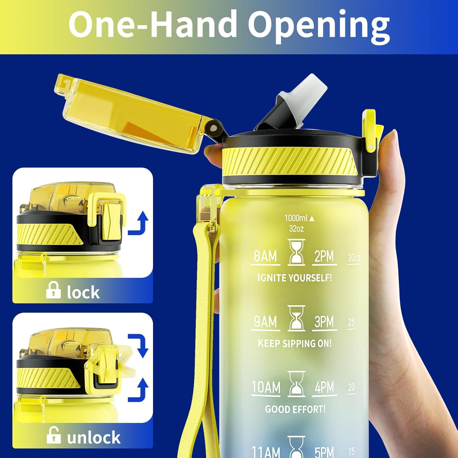 image:imageGourde 1L Gourde Sport avec Paille et Gradue 1 Litre tanche Bouteille dEau avec Brosse Gourdes Motivation sans BPA pour Fitness Bureau lcole YogaCiel toil