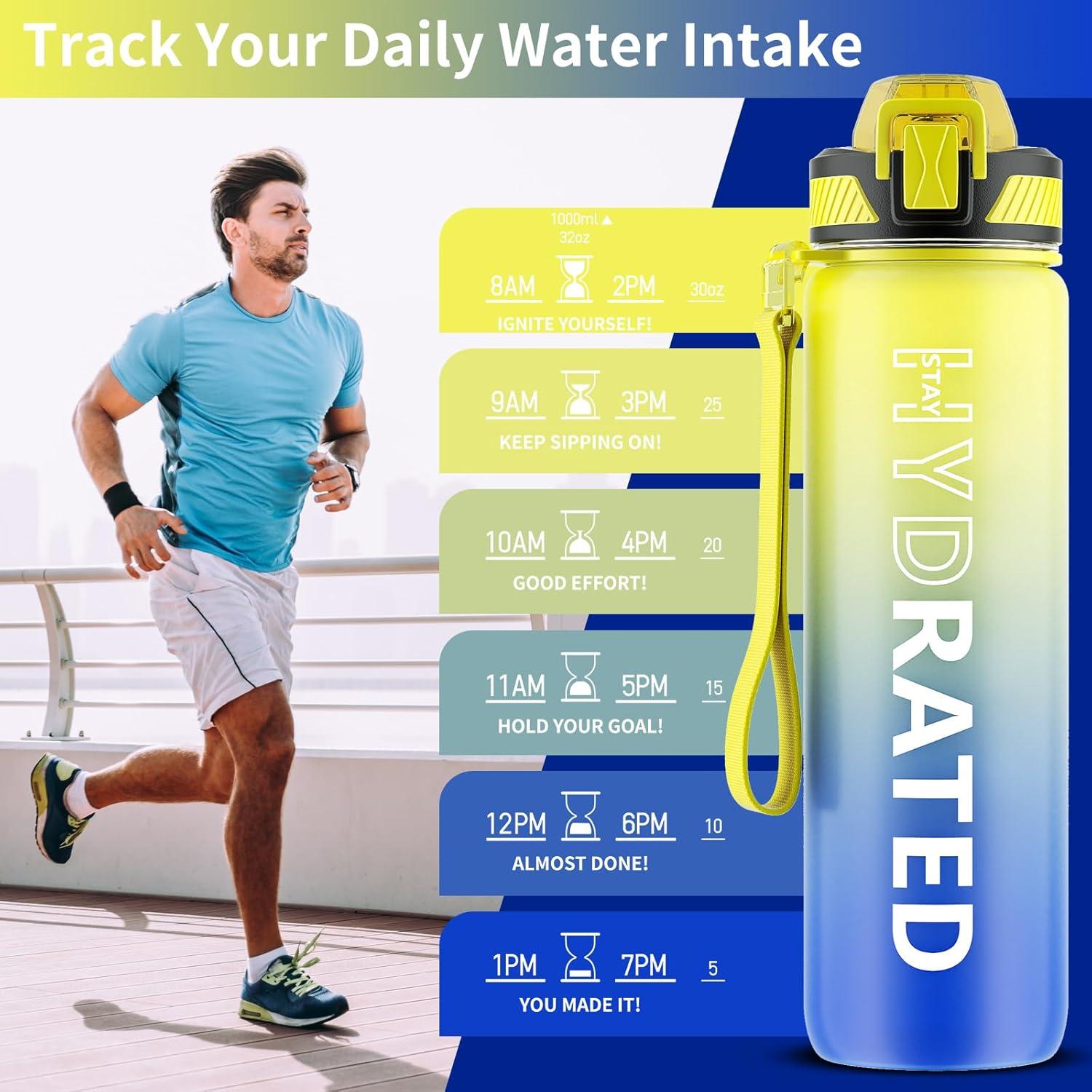 image:imageGourde 1L Gourde Sport avec Paille et Gradue 1 Litre tanche Bouteille dEau avec Brosse Gourdes Motivation sans BPA pour Fitness Bureau lcole YogaCiel toil
