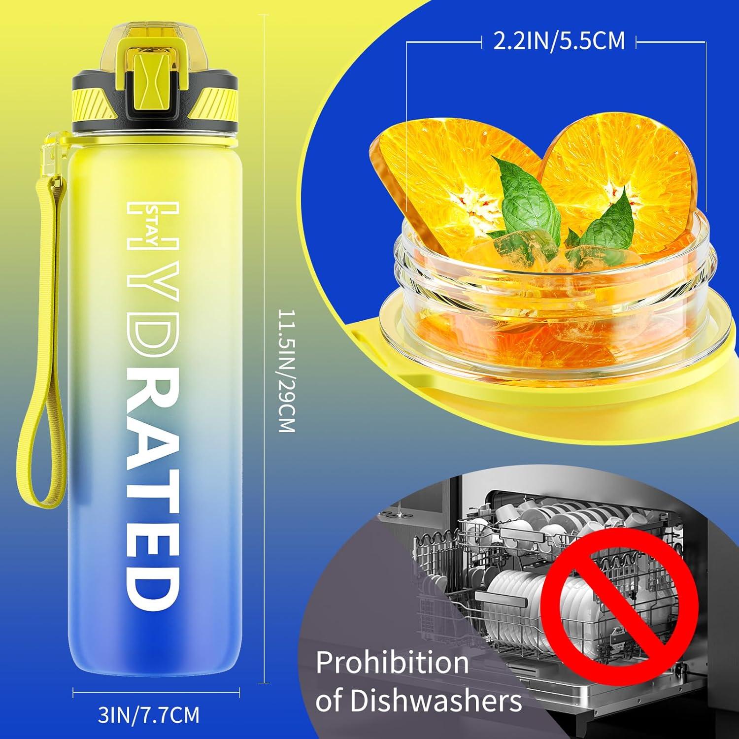 image:imageGourde 1L Gourde Sport avec Paille et Gradue 1 Litre tanche Bouteille dEau avec Brosse Gourdes Motivation sans BPA pour Fitness Bureau lcole YogaCiel toil