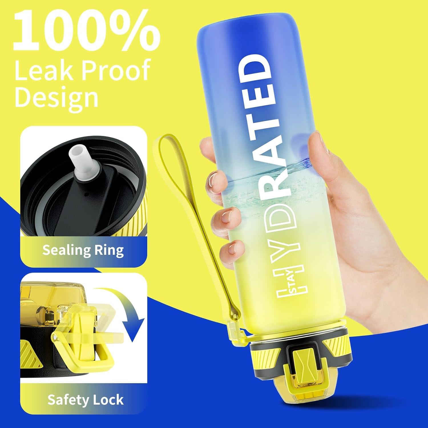 image:imageGourde 1L Gourde Sport avec Paille et Gradue 1 Litre tanche Bouteille dEau avec Brosse Gourdes Motivation sans BPA pour Fitness Bureau lcole YogaCiel toil