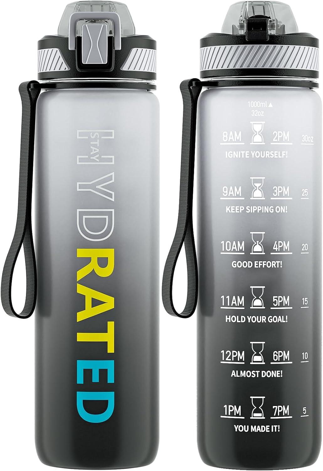 image:imageGourde 1L Gourde Sport avec Paille et Gradue 1 Litre tanche Bouteille dEau avec Brosse Gourdes Motivation sans BPA pour Fitness Bureau lcole YogaGris Dgrad
