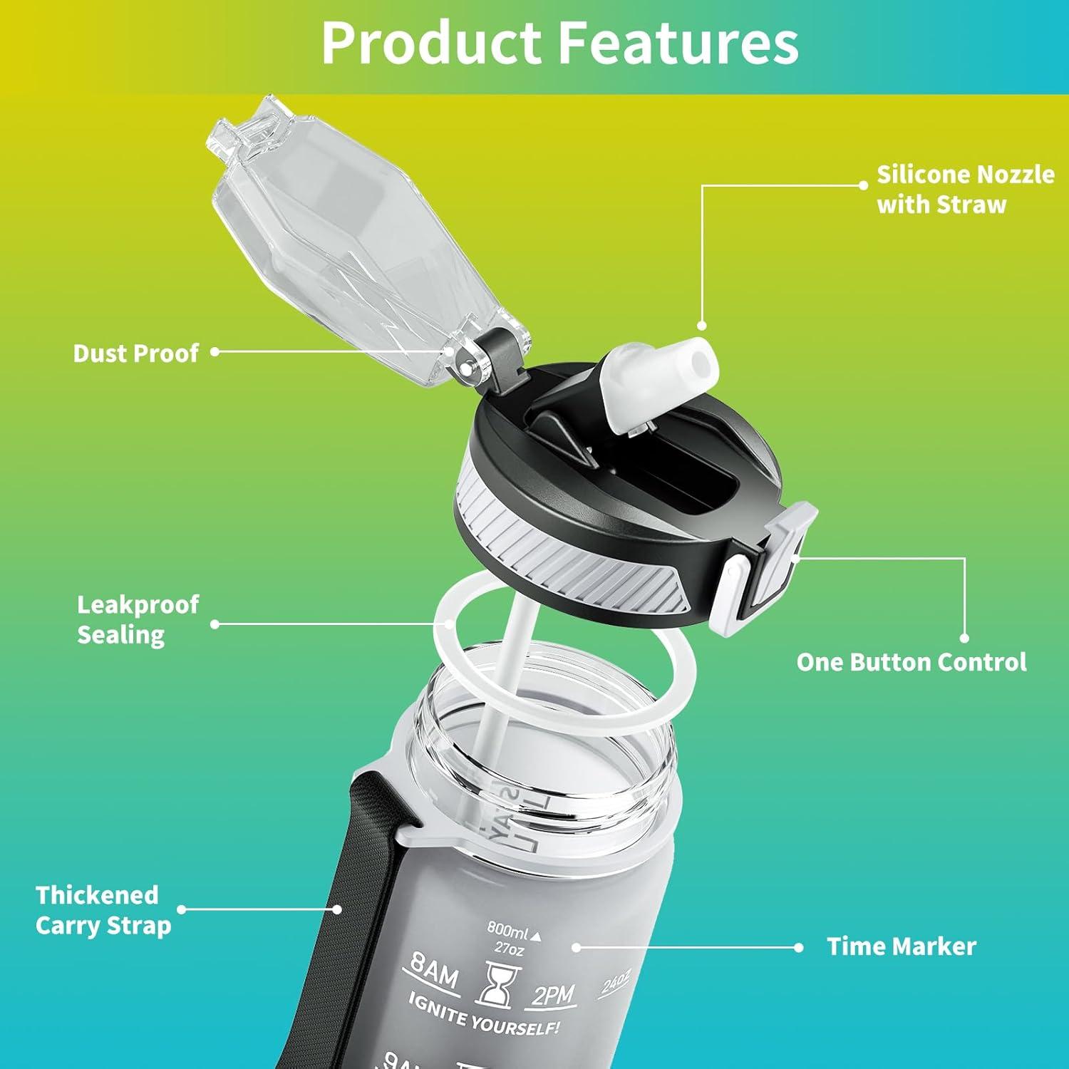 image:imageGourde 1L Gourde Sport avec Paille et Gradue 1 Litre tanche Bouteille dEau avec Brosse Gourdes Motivation sans BPA pour Fitness Bureau lcole YogaGris Dgrad