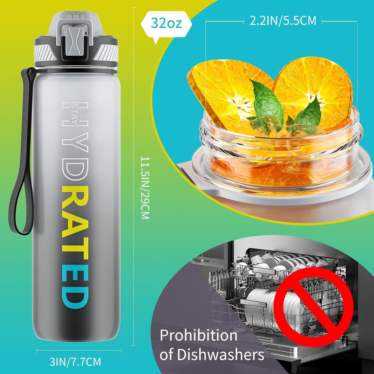 image:imageGourde 1L Gourde Sport avec Paille et Gradue 1 Litre tanche Bouteille dEau avec Brosse Gourdes Motivation sans BPA pour Fitness Bureau lcole YogaGris Dgrad