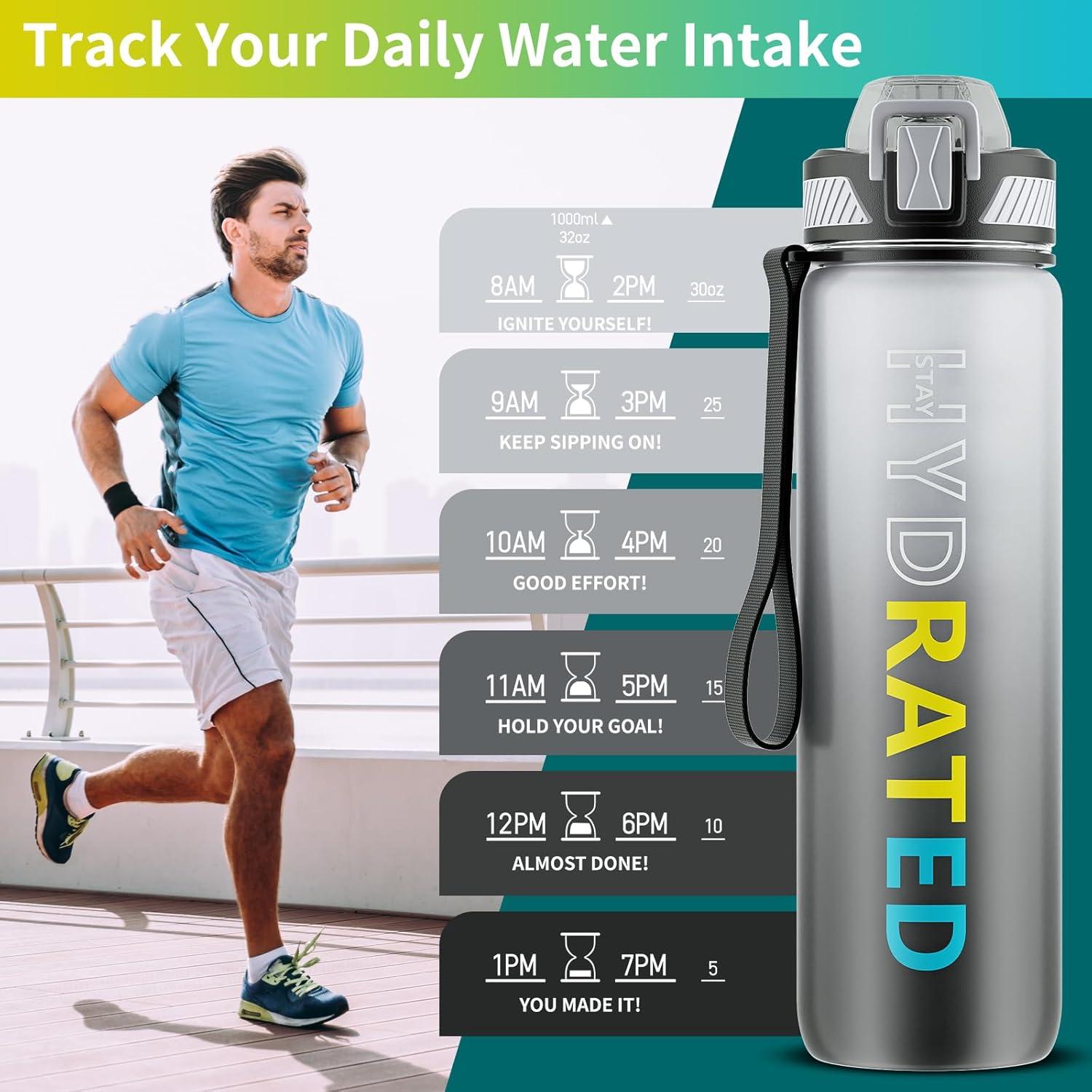 image:imageGourde 1L Gourde Sport avec Paille et Gradue 1 Litre tanche Bouteille dEau avec Brosse Gourdes Motivation sans BPA pour Fitness Bureau lcole YogaGris Dgrad