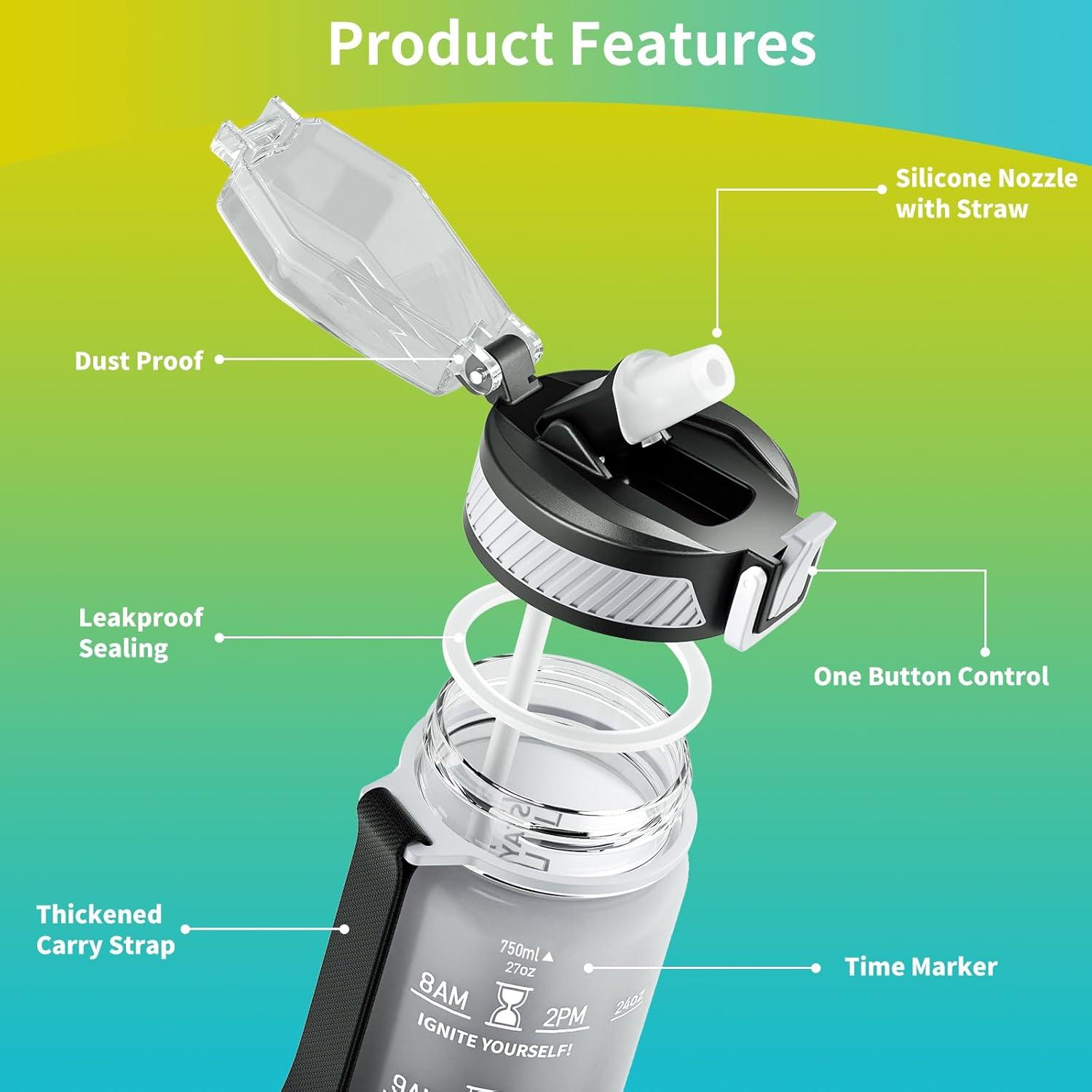 image:imageGourde 1L Gourde Sport avec Paille et Gradue 1 Litre tanche Bouteille dEau avec Brosse Gourdes Motivation sans BPA pour Fitness Bureau lcole YogaGris Dgrad