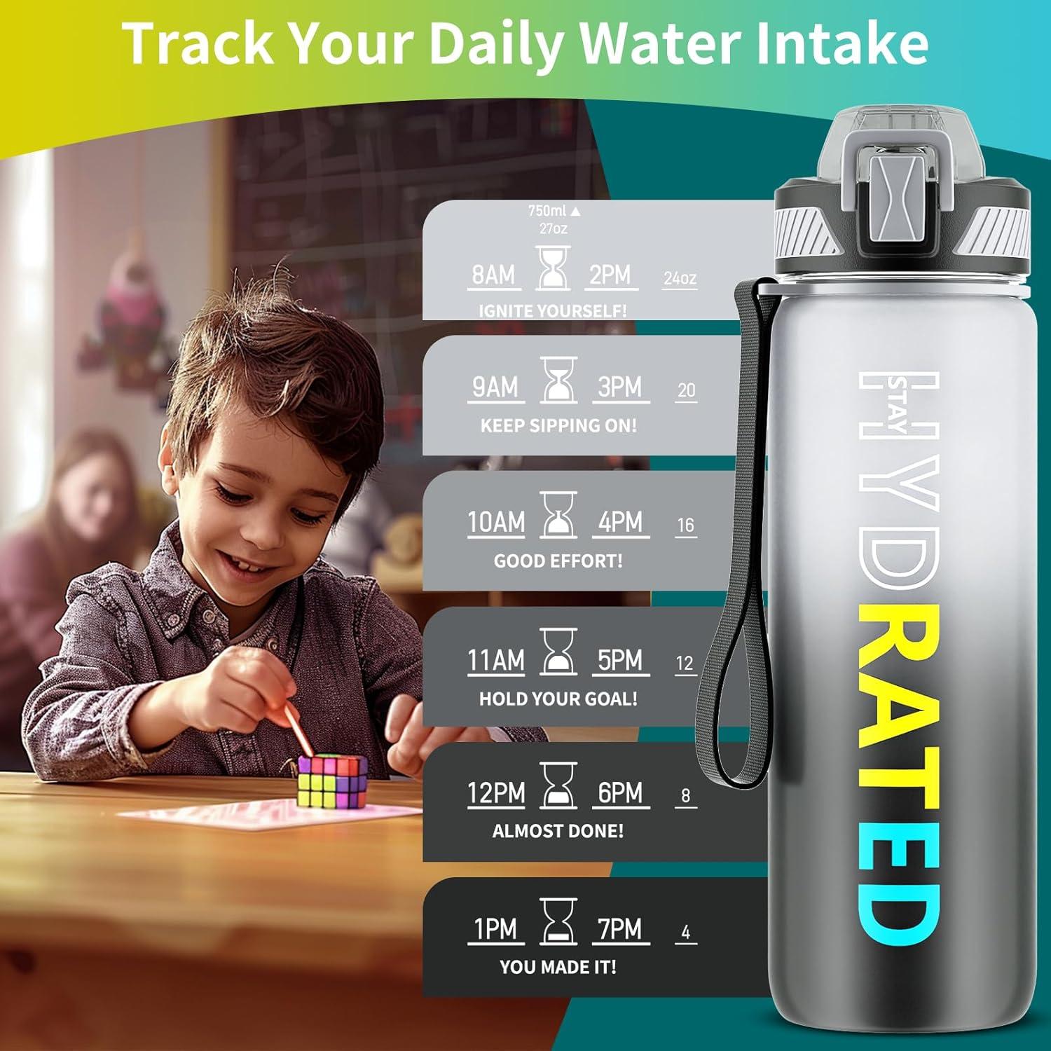 image:imageGourde 1L Gourde Sport avec Paille et Gradue 1 Litre tanche Bouteille dEau avec Brosse Gourdes Motivation sans BPA pour Fitness Bureau lcole YogaGris Dgrad