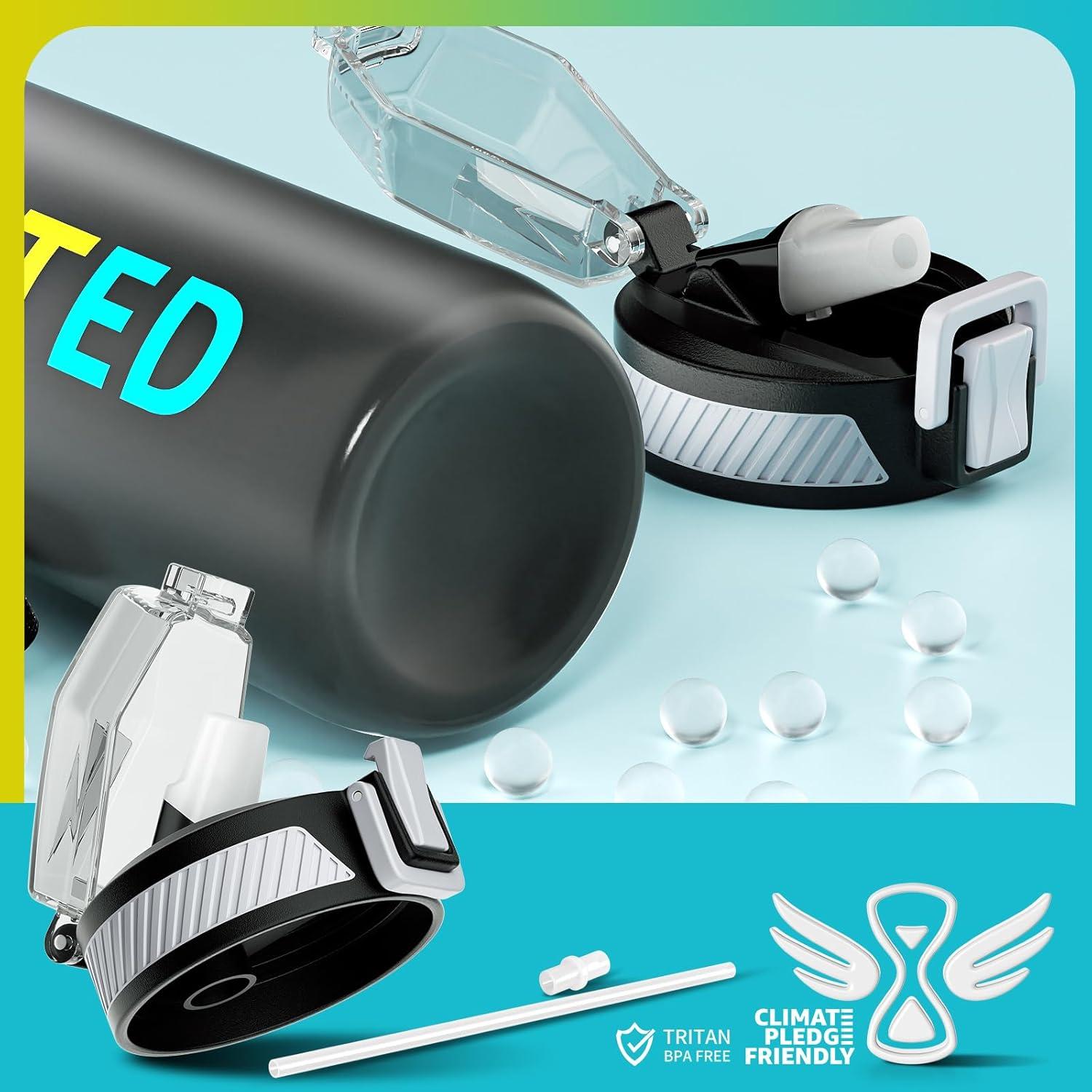 image:imageGourde 1L Gourde Sport avec Paille et Gradue 1 Litre tanche Bouteille dEau avec Brosse Gourdes Motivation sans BPA pour Fitness Bureau lcole YogaGris Dgrad
