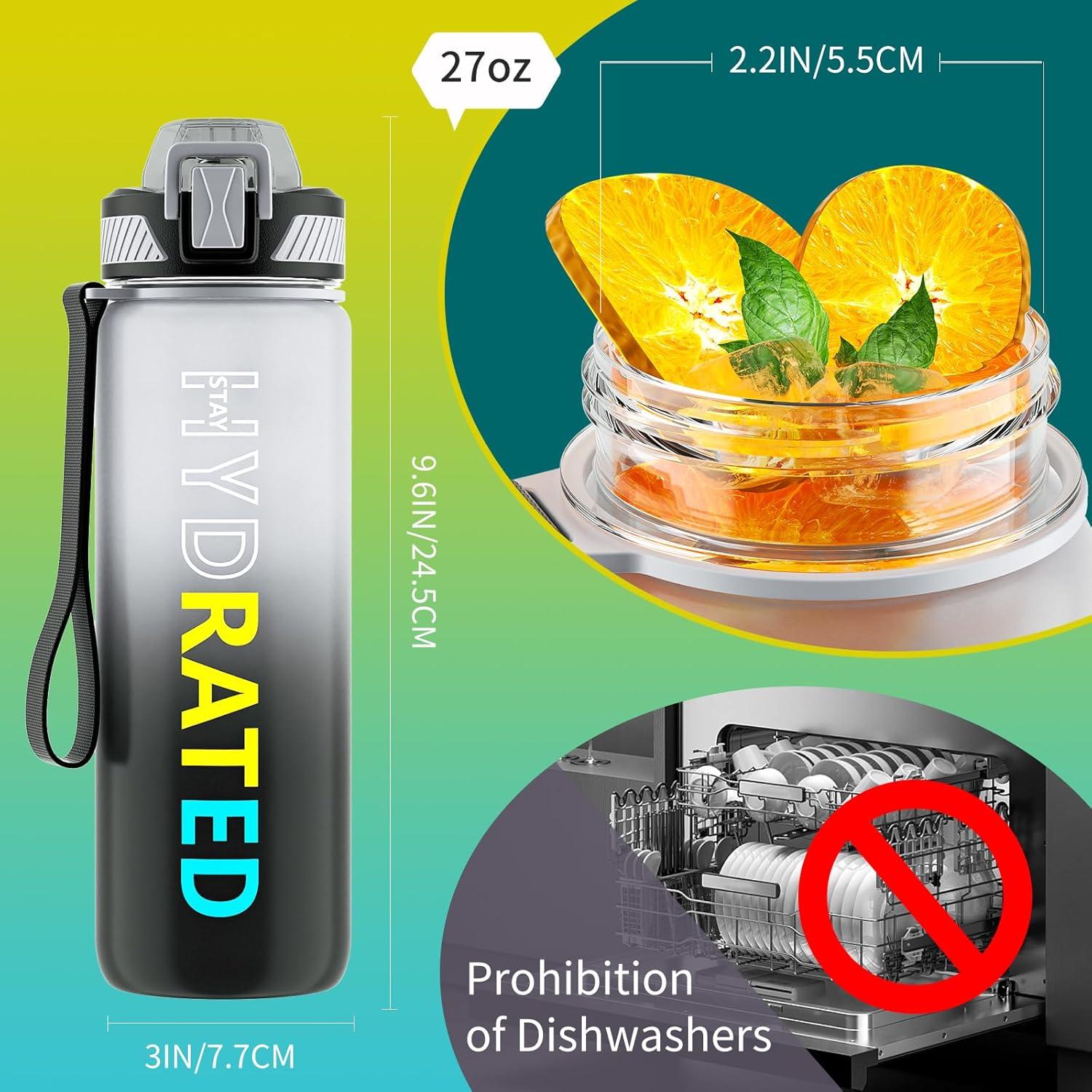image:imageGourde 1L Gourde Sport avec Paille et Gradue 1 Litre tanche Bouteille dEau avec Brosse Gourdes Motivation sans BPA pour Fitness Bureau lcole YogaGris Dgrad