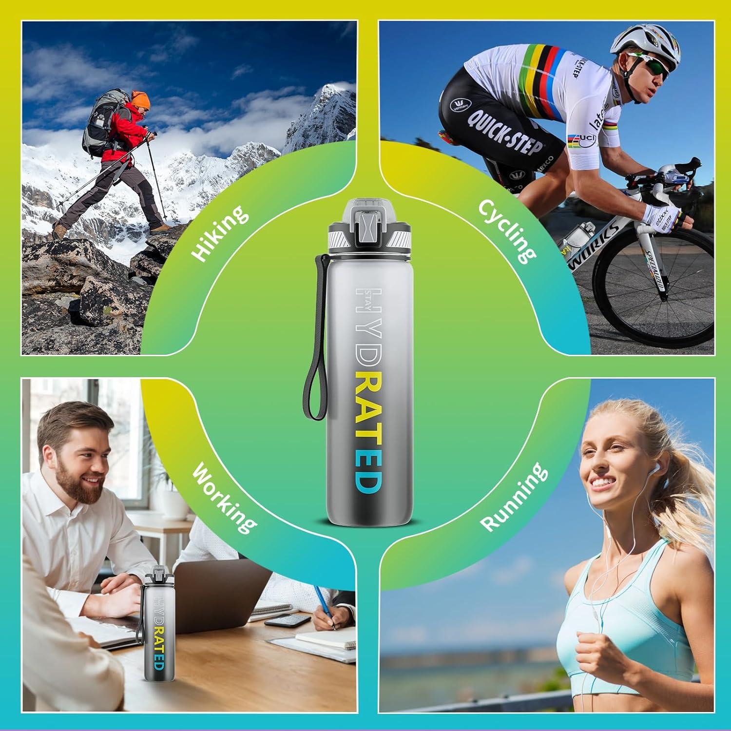 image:imageGourde 1L Gourde Sport avec Paille et Gradue 1 Litre tanche Bouteille dEau avec Brosse Gourdes Motivation sans BPA pour Fitness Bureau lcole YogaGris Dgrad