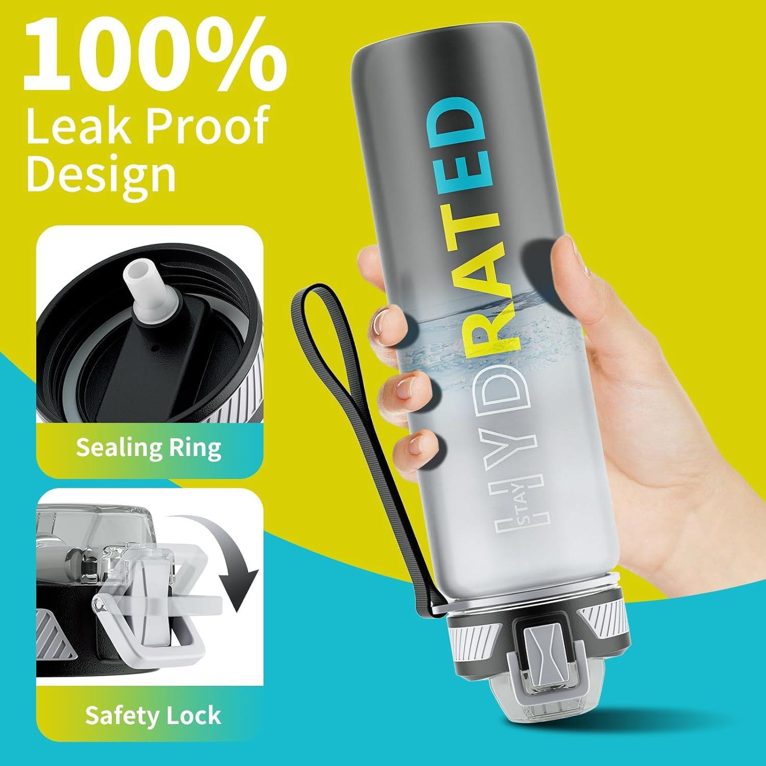 image:imageGourde 1L Gourde Sport avec Paille et Gradue 1 Litre tanche Bouteille dEau avec Brosse Gourdes Motivation sans BPA pour Fitness Bureau lcole YogaGris Dgrad