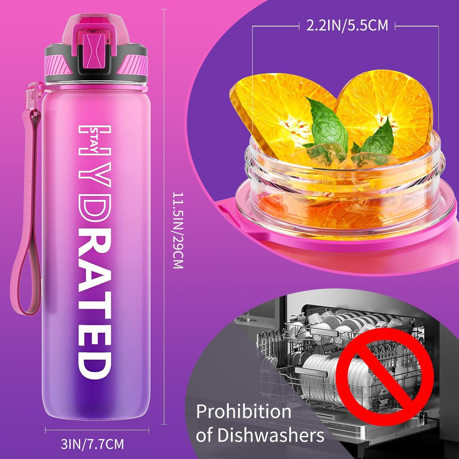image:imageGourde 1L Gourde Sport avec Paille et Gradue 1 Litre tanche Bouteille dEau avec Brosse Gourdes Motivation sans BPA pour Fitness Bureau lcole YogaRose Pourpre