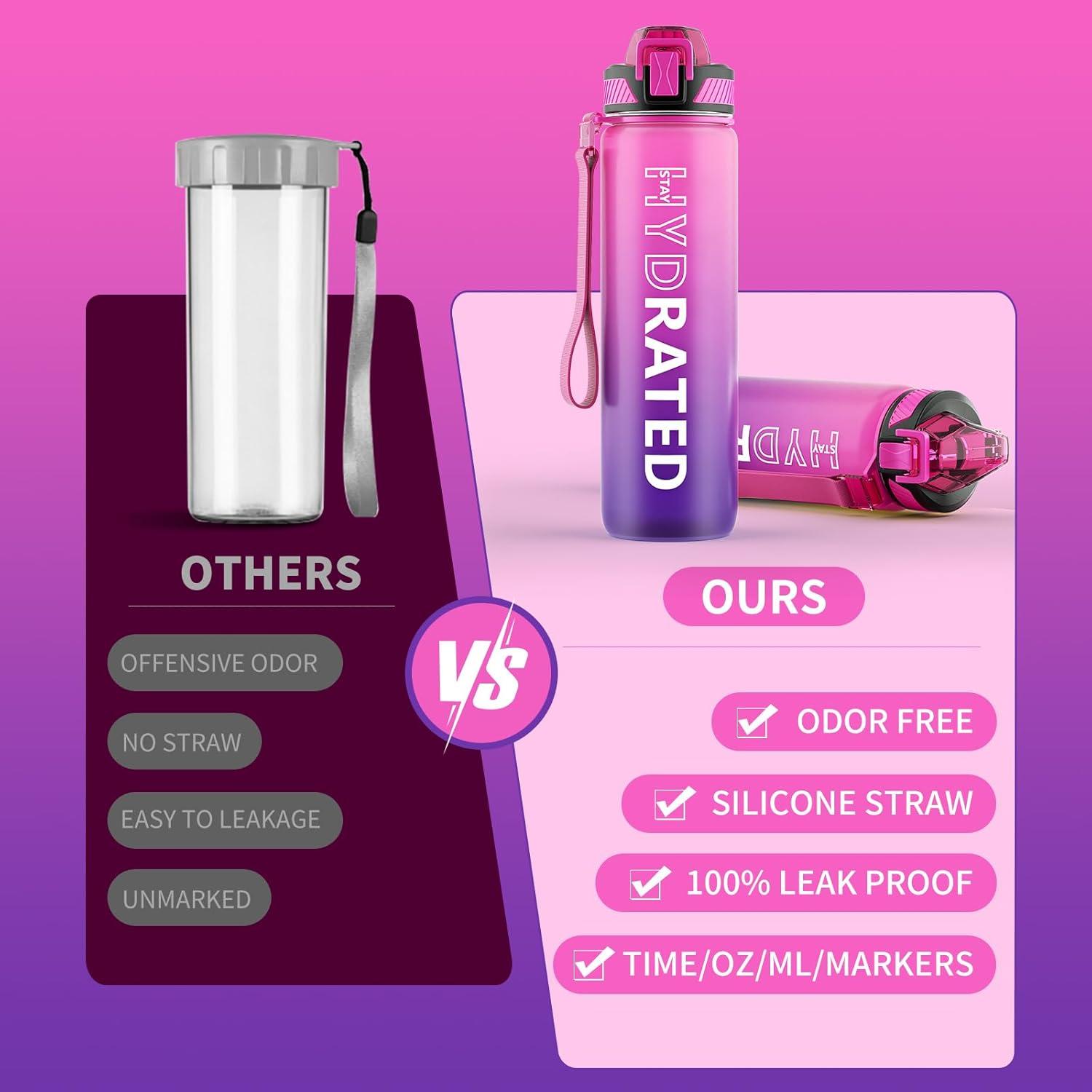 image:imageGourde 1L Gourde Sport avec Paille et Gradue 1 Litre tanche Bouteille dEau avec Brosse Gourdes Motivation sans BPA pour Fitness Bureau lcole YogaRose Pourpre