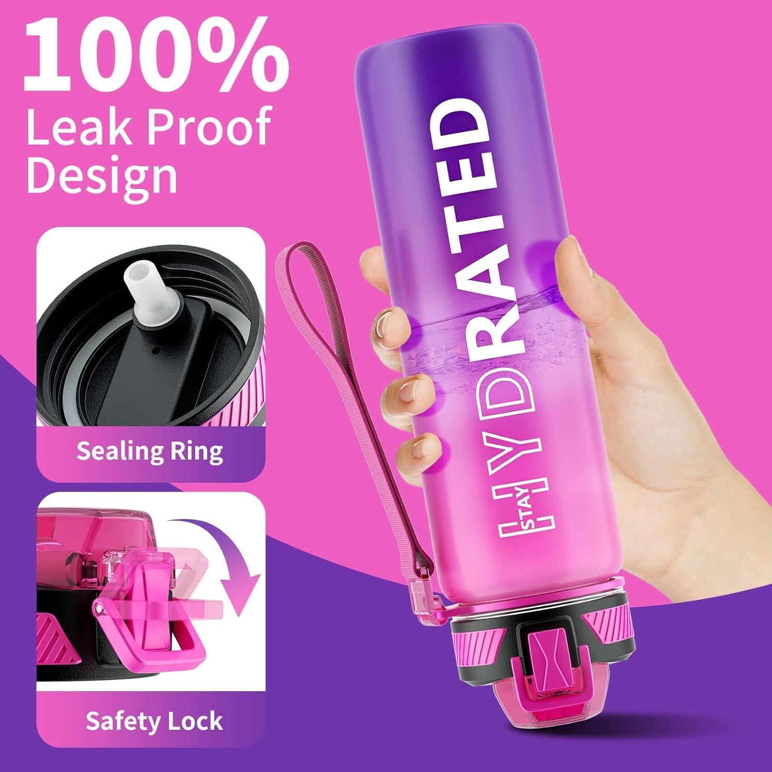 image:imageGourde 1L Gourde Sport avec Paille et Gradue 1 Litre tanche Bouteille dEau avec Brosse Gourdes Motivation sans BPA pour Fitness Bureau lcole YogaRose Pourpre
