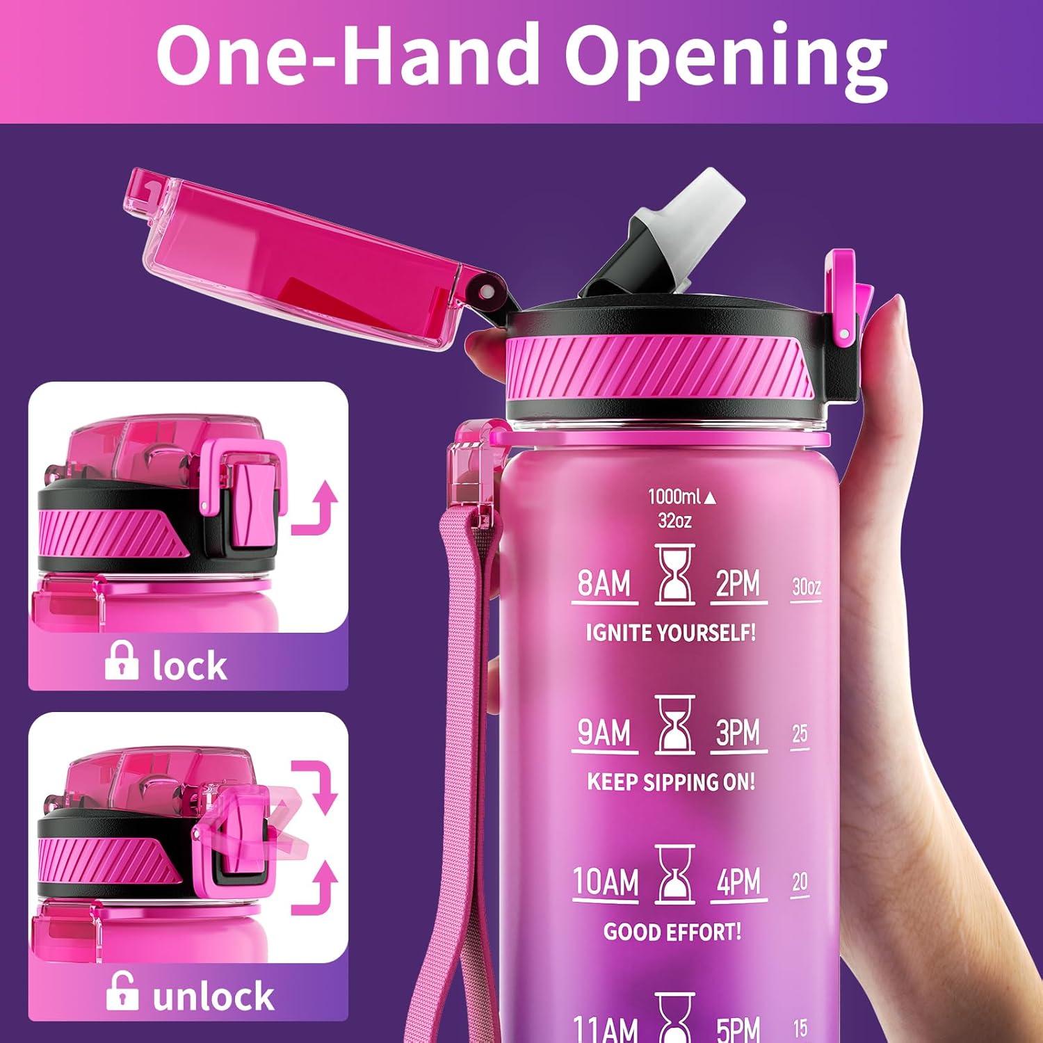 image:imageGourde 1L Gourde Sport avec Paille et Gradue 1 Litre tanche Bouteille dEau avec Brosse Gourdes Motivation sans BPA pour Fitness Bureau lcole YogaRose Pourpre