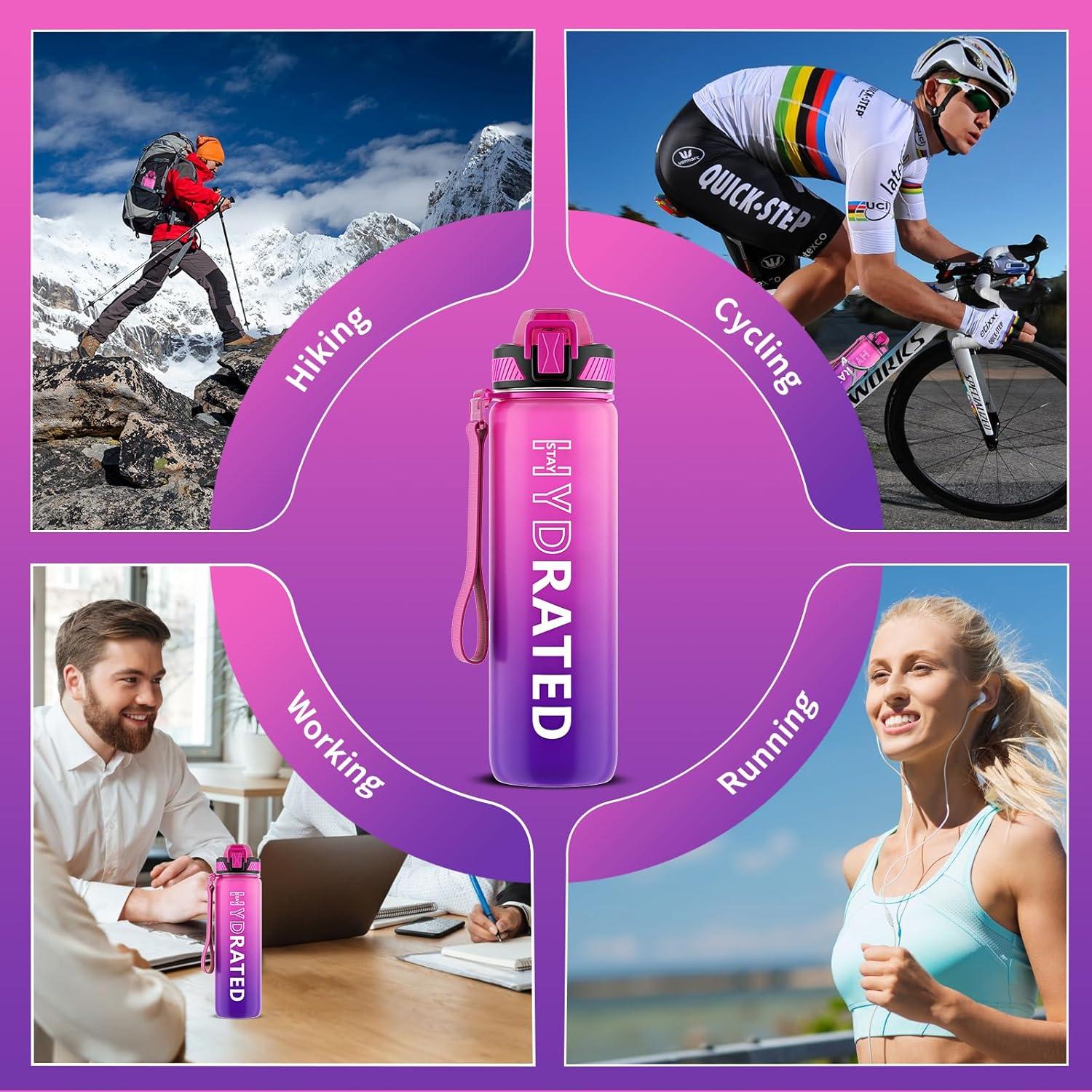 image:imageGourde 1L Gourde Sport avec Paille et Gradue 1 Litre tanche Bouteille dEau avec Brosse Gourdes Motivation sans BPA pour Fitness Bureau lcole YogaRose Pourpre
