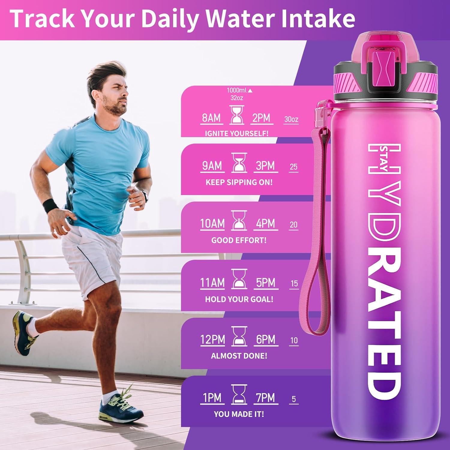 image:imageGourde 1L Gourde Sport avec Paille et Gradue 1 Litre tanche Bouteille dEau avec Brosse Gourdes Motivation sans BPA pour Fitness Bureau lcole YogaRose Pourpre