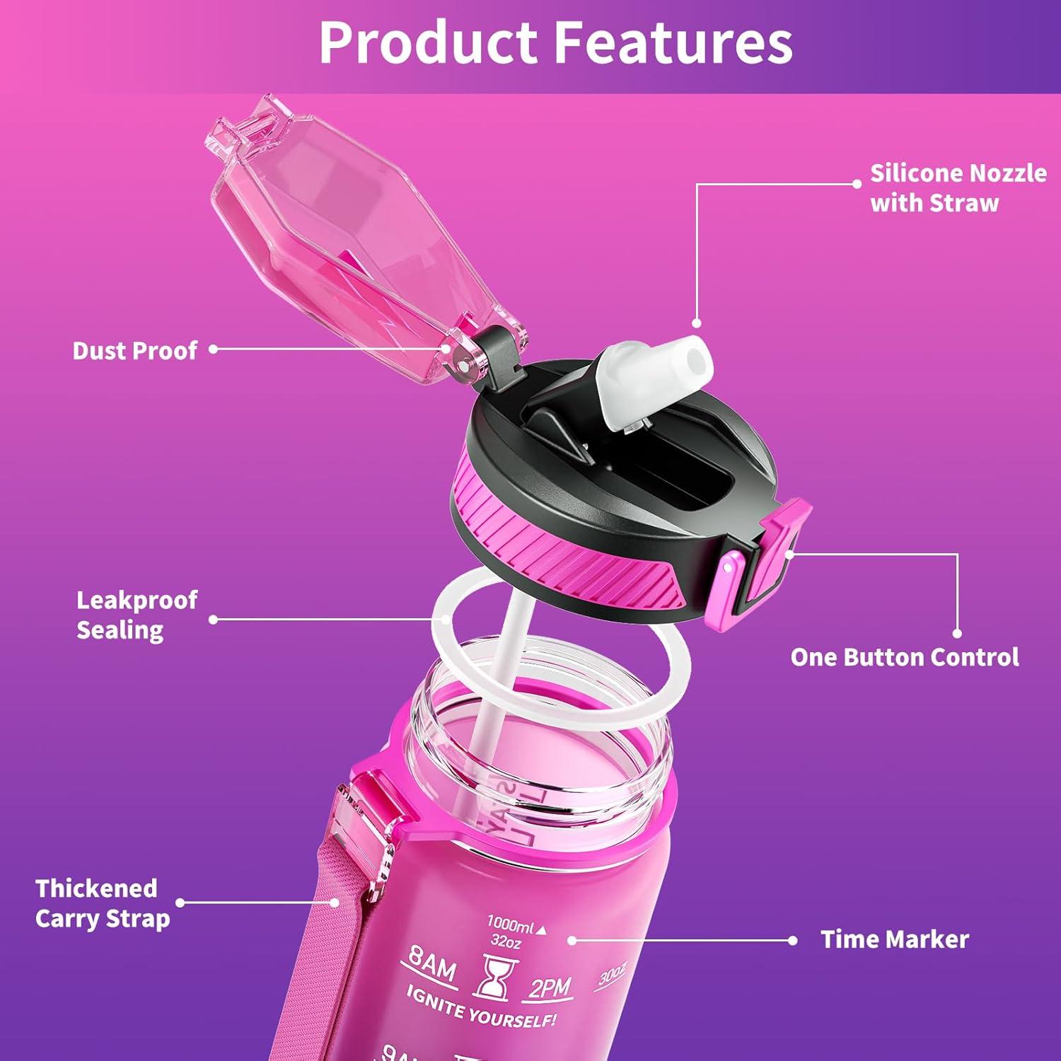 image:imageGourde 1L Gourde Sport avec Paille et Gradue 1 Litre tanche Bouteille dEau avec Brosse Gourdes Motivation sans BPA pour Fitness Bureau lcole YogaRose Pourpre