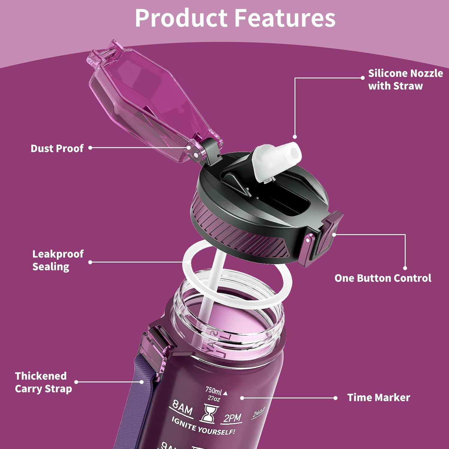 image:imageGourde 1L Gourde Sport avec Paille et Gradue 1 Litre tanche Bouteille dEau avec Brosse Gourdes Motivation sans BPA pour Fitness Bureau lcole YogaRouge Ros