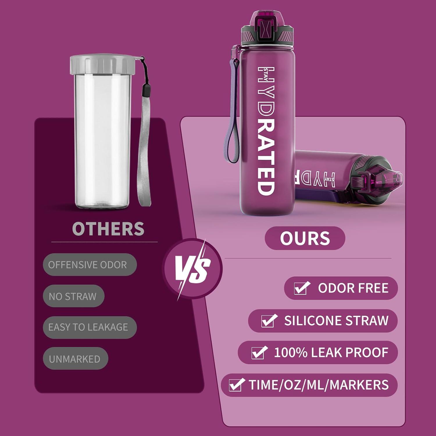 image:imageGourde 1L Gourde Sport avec Paille et Gradue 1 Litre tanche Bouteille dEau avec Brosse Gourdes Motivation sans BPA pour Fitness Bureau lcole YogaRouge Ros
