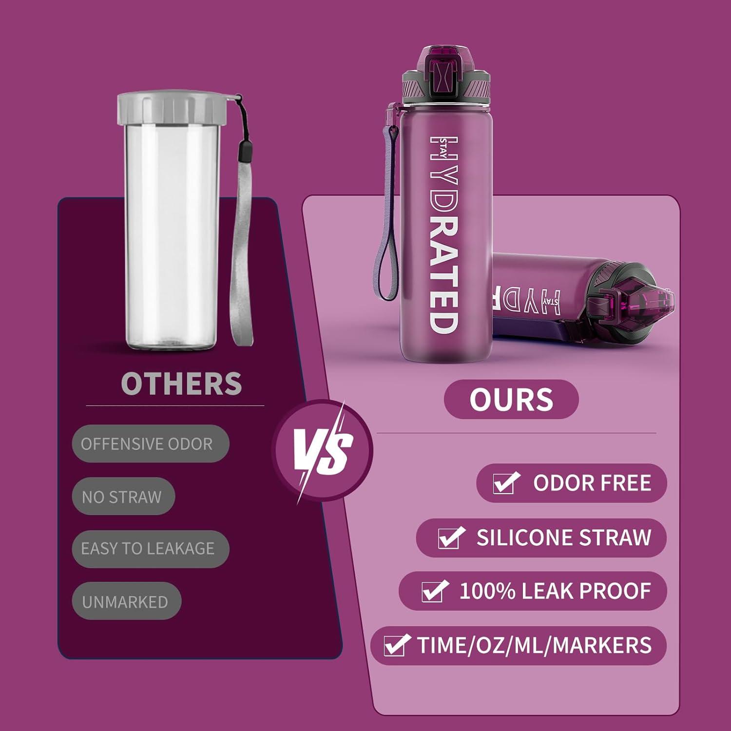 image:imageGourde 1L Gourde Sport avec Paille et Gradue 1 Litre tanche Bouteille dEau avec Brosse Gourdes Motivation sans BPA pour Fitness Bureau lcole YogaRouge Ros