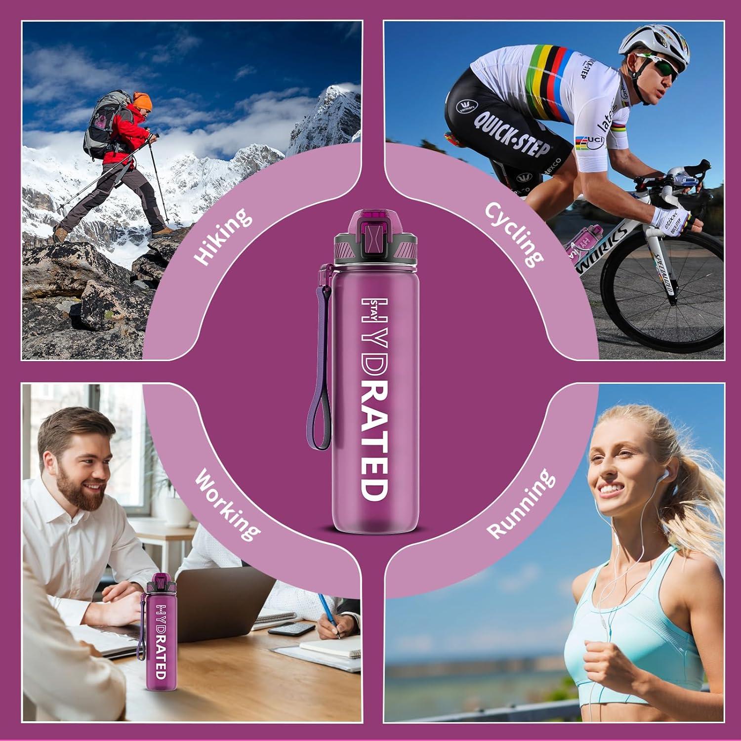 image:imageGourde 1L Gourde Sport avec Paille et Gradue 1 Litre tanche Bouteille dEau avec Brosse Gourdes Motivation sans BPA pour Fitness Bureau lcole YogaRouge Ros