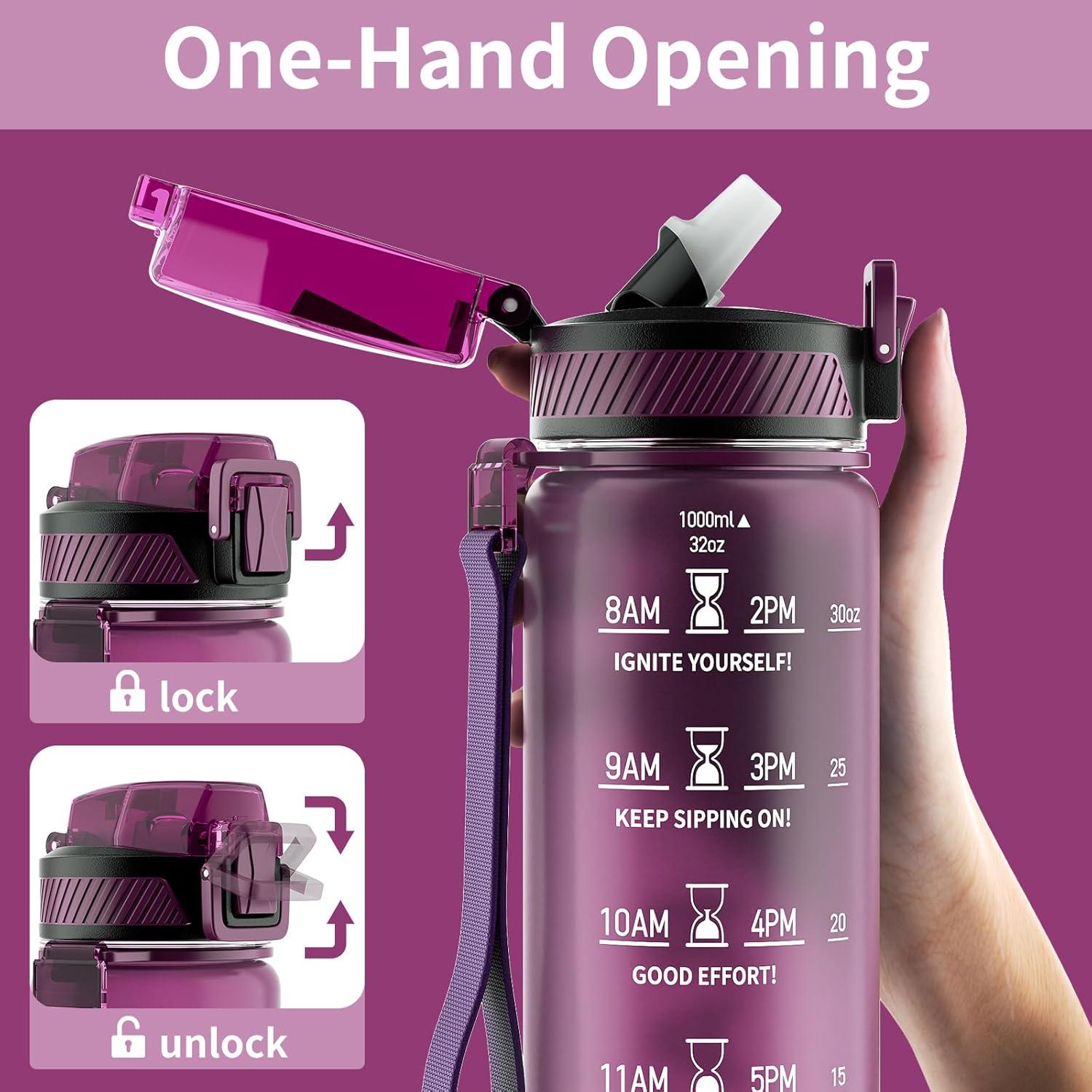 image:imageGourde 1L Gourde Sport avec Paille et Gradue 1 Litre tanche Bouteille dEau avec Brosse Gourdes Motivation sans BPA pour Fitness Bureau lcole YogaRouge Ros