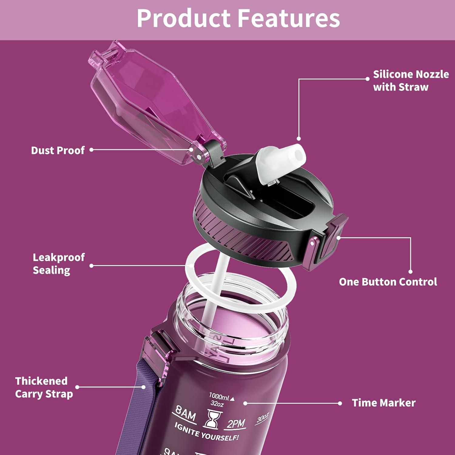 image:imageGourde 1L Gourde Sport avec Paille et Gradue 1 Litre tanche Bouteille dEau avec Brosse Gourdes Motivation sans BPA pour Fitness Bureau lcole YogaRouge Ros