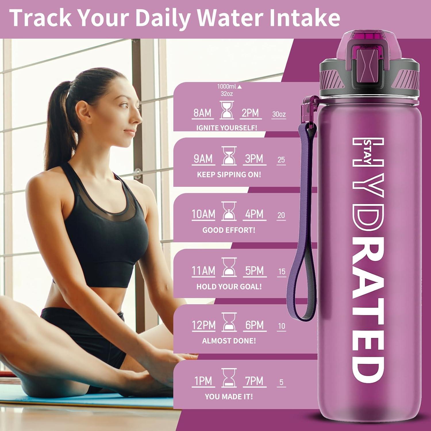image:imageGourde 1L Gourde Sport avec Paille et Gradue 1 Litre tanche Bouteille dEau avec Brosse Gourdes Motivation sans BPA pour Fitness Bureau lcole YogaRouge Ros