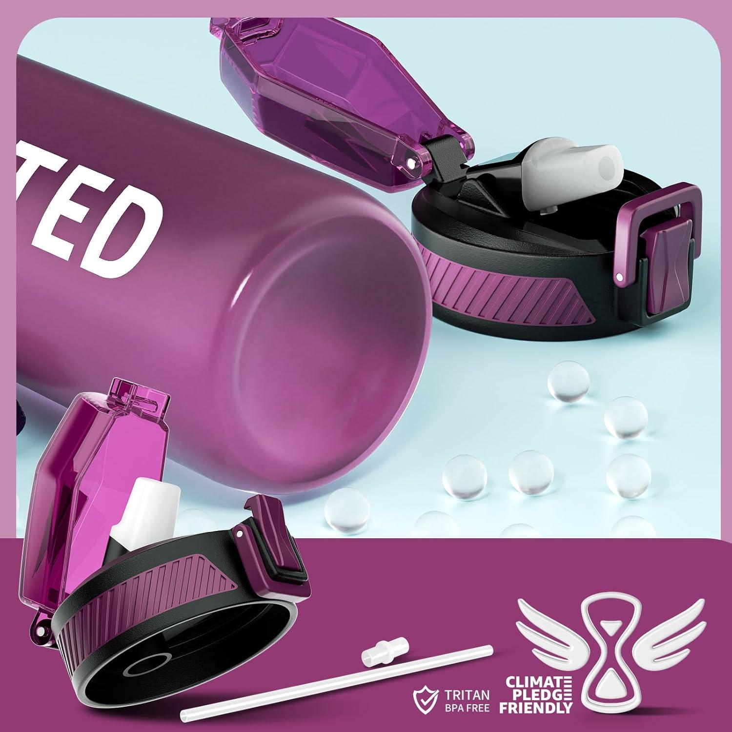 image:imageGourde 1L Gourde Sport avec Paille et Gradue 1 Litre tanche Bouteille dEau avec Brosse Gourdes Motivation sans BPA pour Fitness Bureau lcole YogaRouge Ros