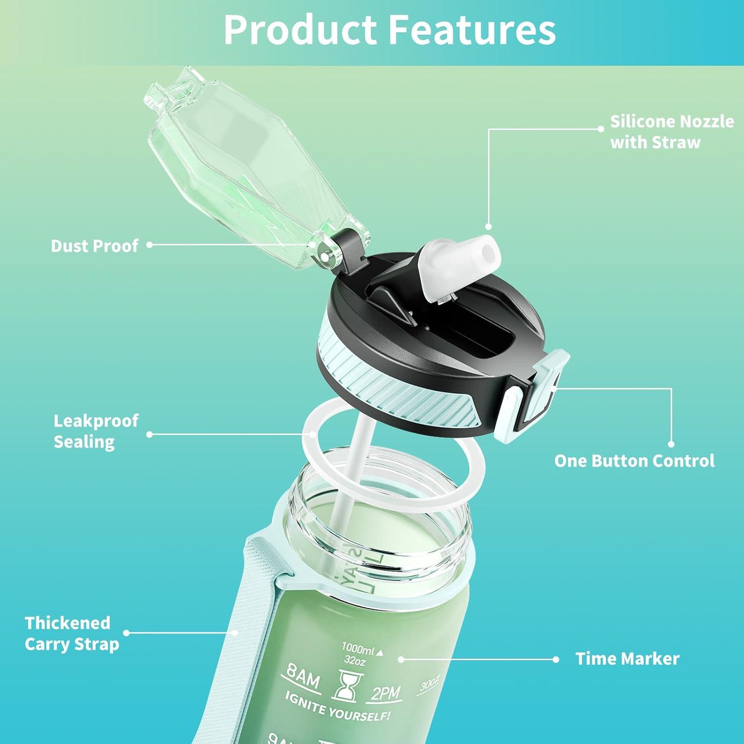image:imageGourde 1L Gourde Sport avec Paille et Gradue 1 Litre tanche Bouteille dEau avec Brosse Gourdes Motivation sans BPA pour Fitness Bureau lcole YogaVert Menthe
