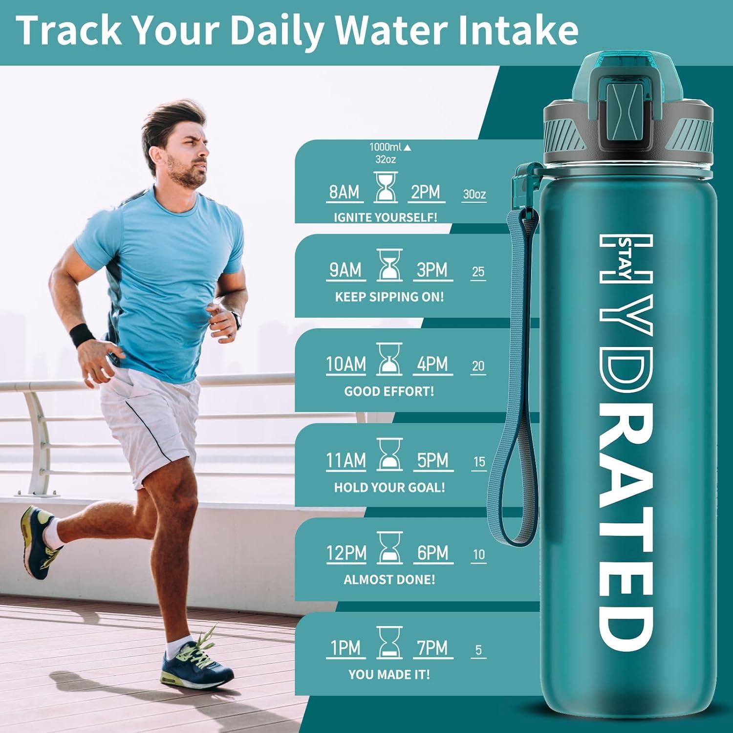 image:imageGourde 1L Gourde Sport avec Paille et Gradue 1 Litre tanche Bouteille dEau avec Brosse Gourdes Motivation sans BPA pour Fitness Bureau lcole YogaVert Lacustre