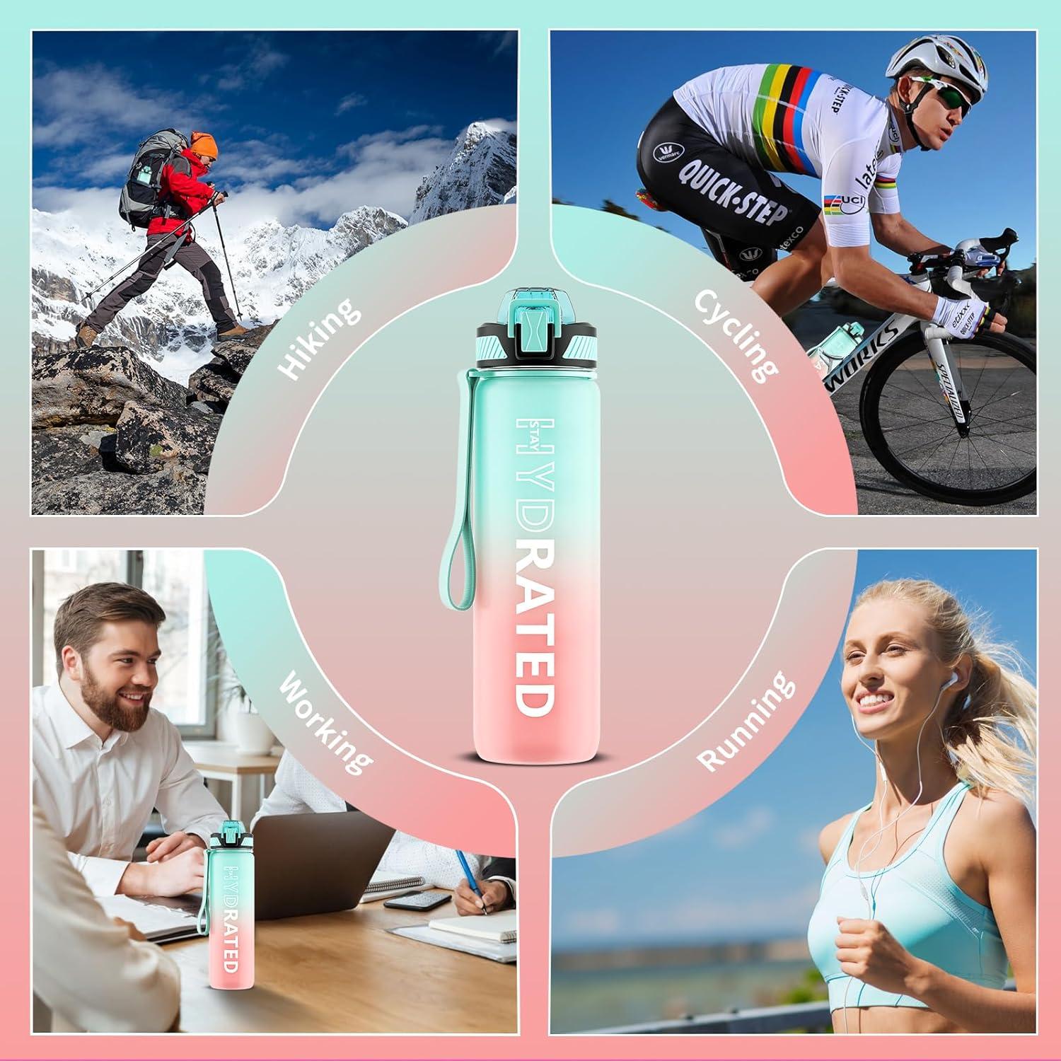 image:imageGourde 1L Gourde Sport avec Paille et Gradue 1 Litre tanche Bouteille dEau avec Brosse Gourdes Motivation sans BPA pour Fitness Bureau lcole YogaVert Rose