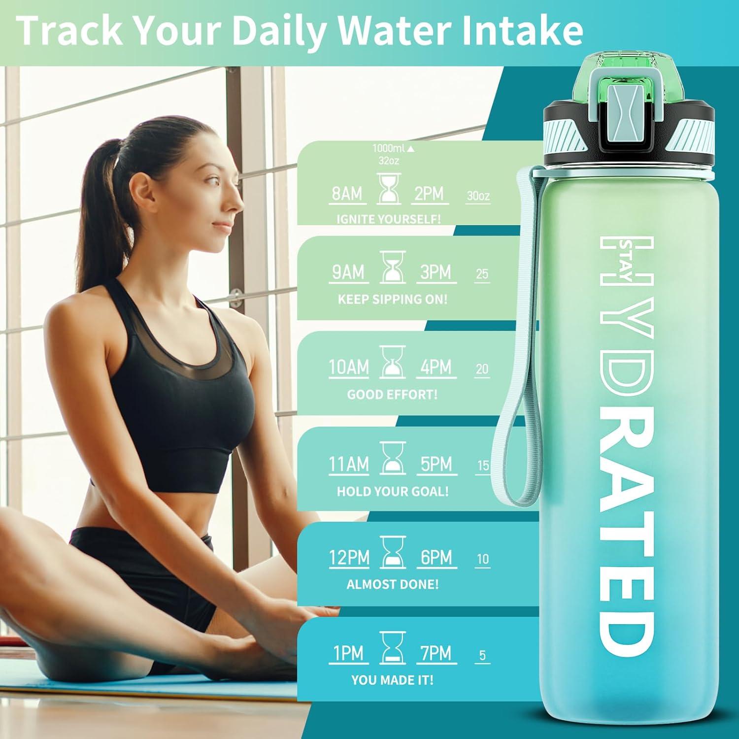 image:imageGourde 1L Gourde Sport avec Paille et Gradue 1 Litre tanche Bouteille dEau avec Brosse Gourdes Motivation sans BPA pour Fitness Bureau lcole YogaVert Menthe