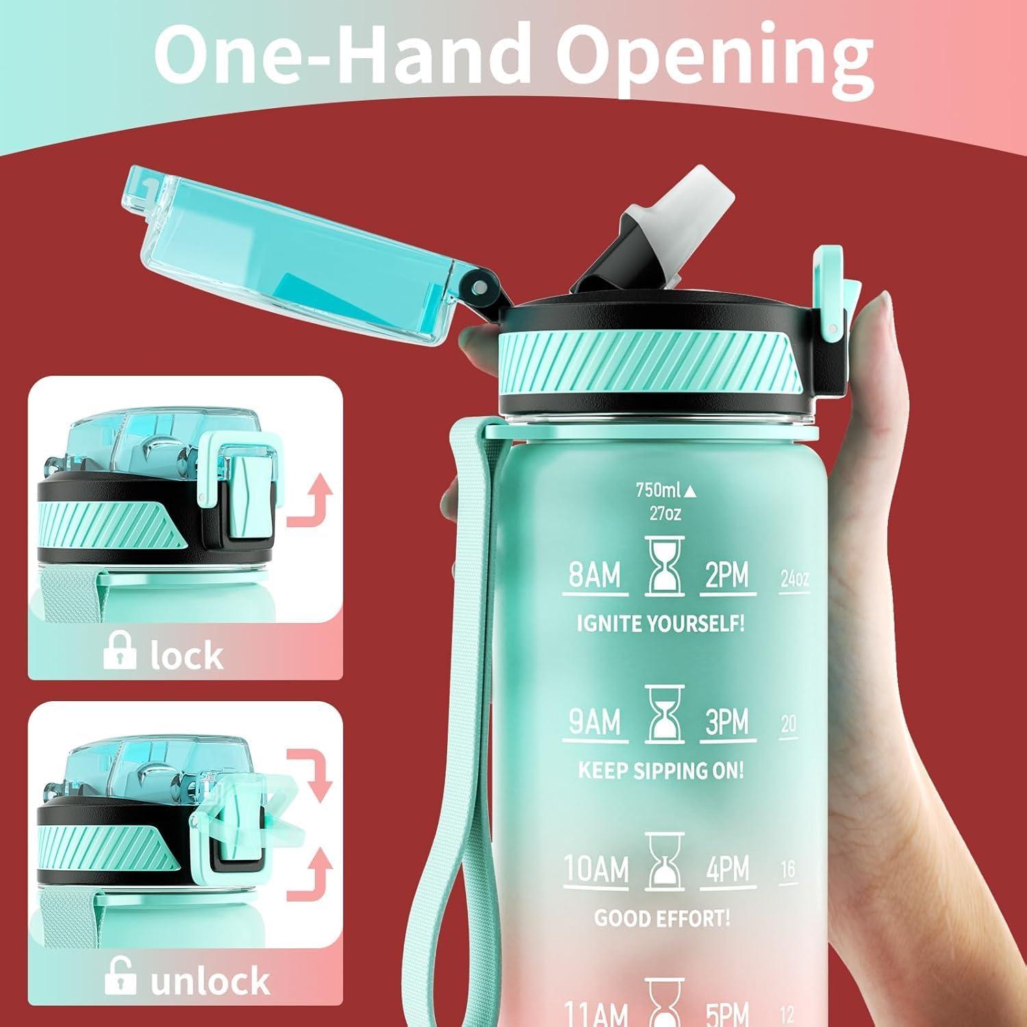image:imageGourde 1L Gourde Sport avec Paille et Gradue 1 Litre tanche Bouteille dEau avec Brosse Gourdes Motivation sans BPA pour Fitness Bureau lcole YogaVert Rose