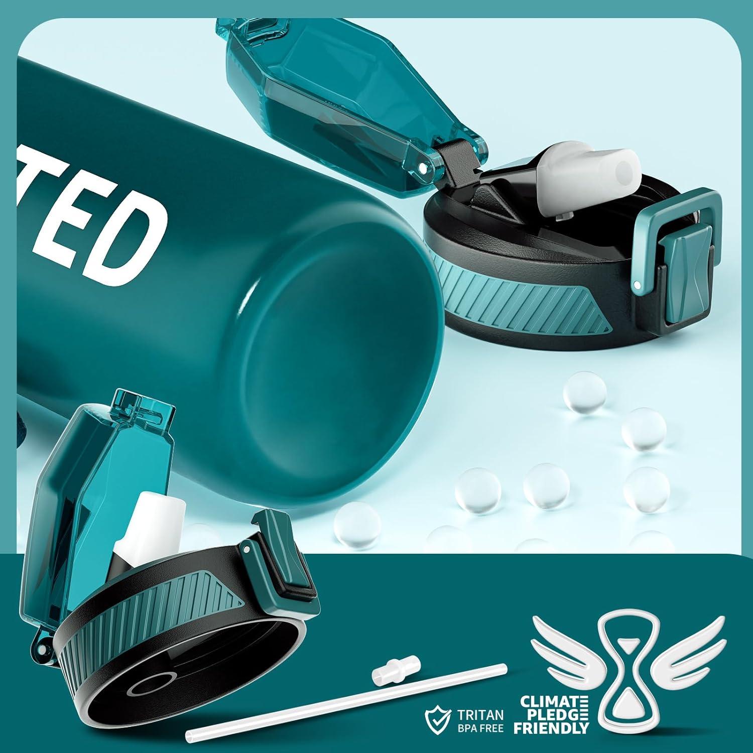image:imageGourde 1L Gourde Sport avec Paille et Gradue 1 Litre tanche Bouteille dEau avec Brosse Gourdes Motivation sans BPA pour Fitness Bureau lcole YogaVert Lacustre