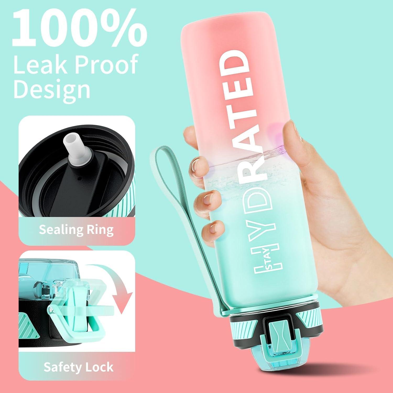 image:imageGourde 1L Gourde Sport avec Paille et Gradue 1 Litre tanche Bouteille dEau avec Brosse Gourdes Motivation sans BPA pour Fitness Bureau lcole YogaVert Rose