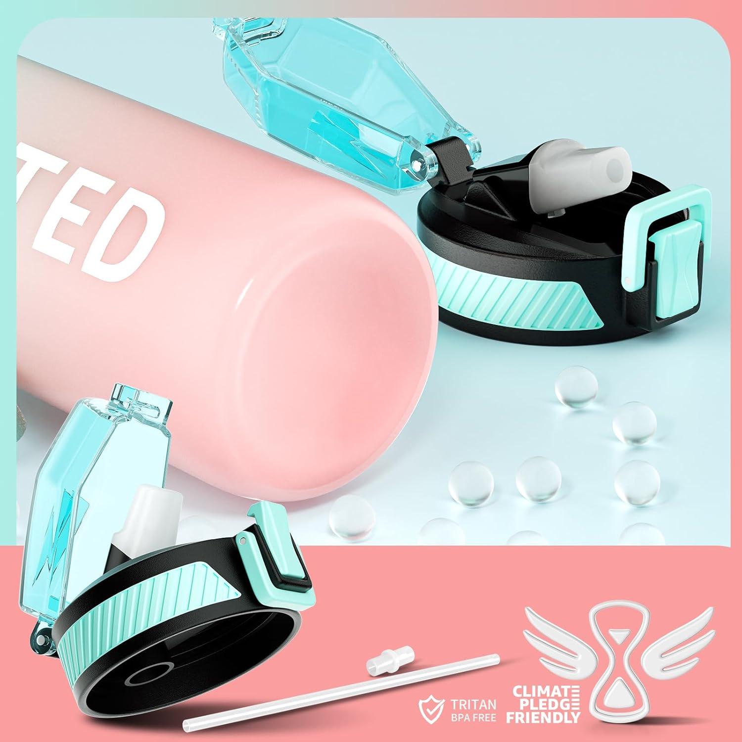 image:imageGourde 1L Gourde Sport avec Paille et Gradue 1 Litre tanche Bouteille dEau avec Brosse Gourdes Motivation sans BPA pour Fitness Bureau lcole YogaVert Rose